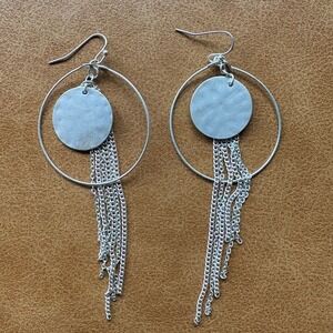 Silver Tone Hoop Earrings with‎ Chain Tassels Dangle Drop Statement